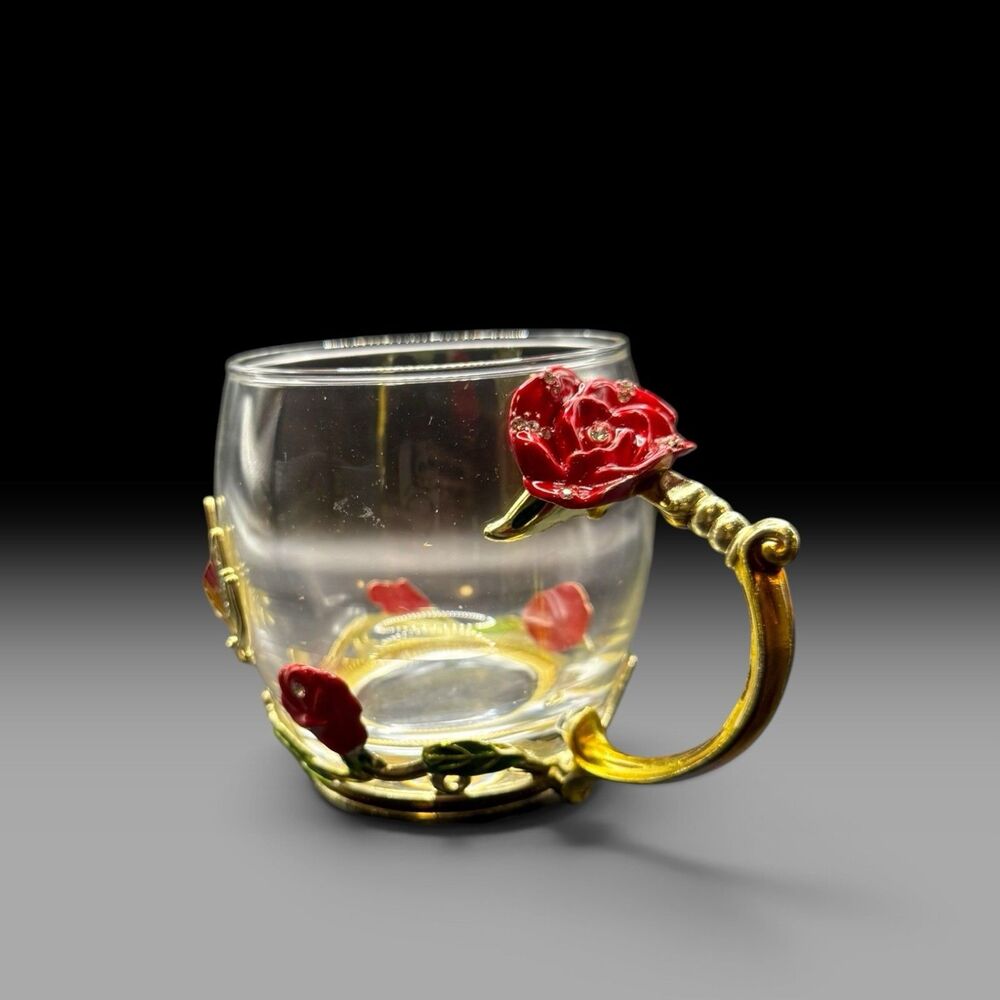 ARC of France Glass Tea Cup/  Coffee  Mug w/Enamel  Red Rose and Butterfly Decor